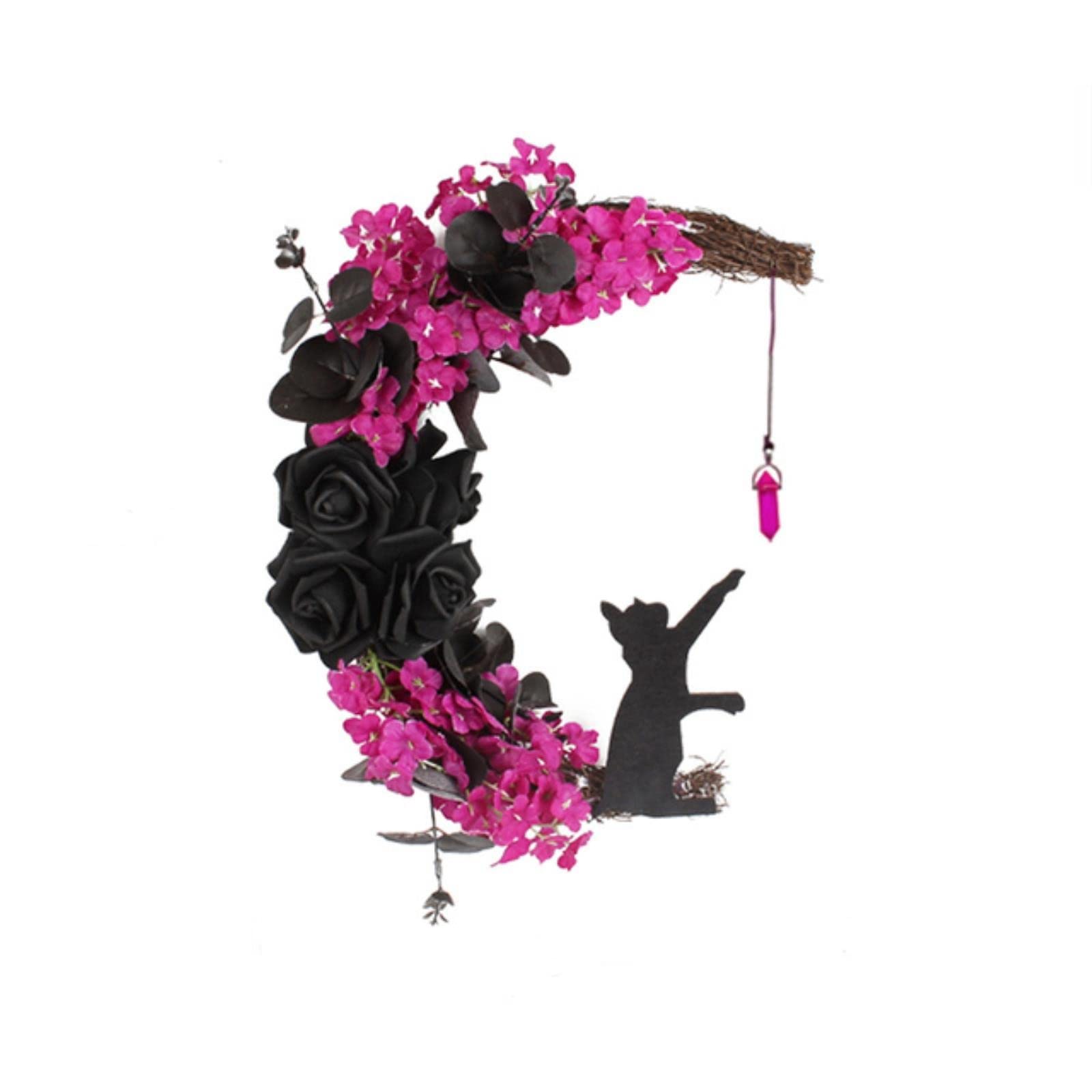 Couronne de porte lune Halloween avec roses gothiques et chat noir
