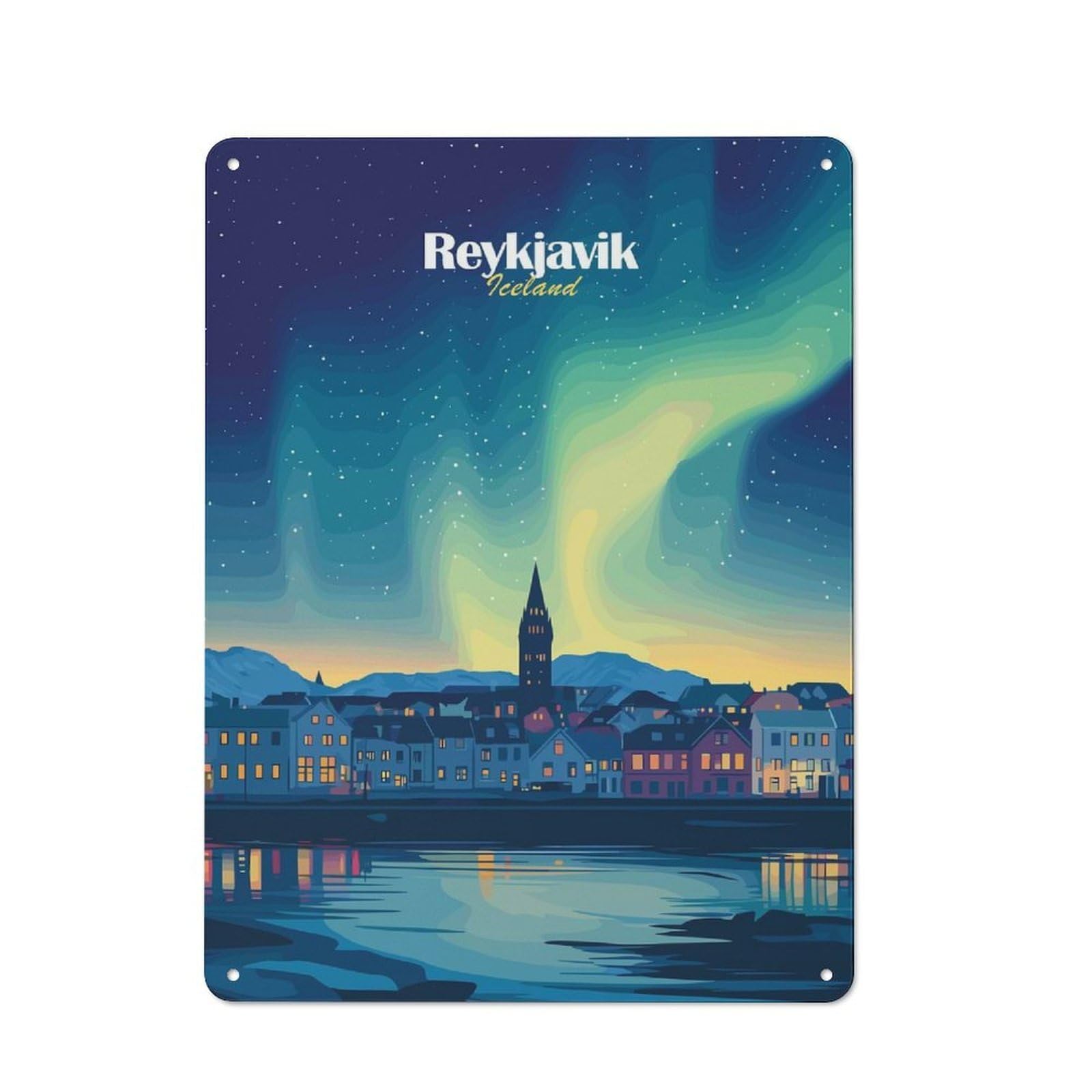 Retro Metal Sign with Reykjavik Aurora Borealis Design 40x30cm, Weathered Look Shed Wall Plaque for Garage, Workshop, Shed Or Utility Room