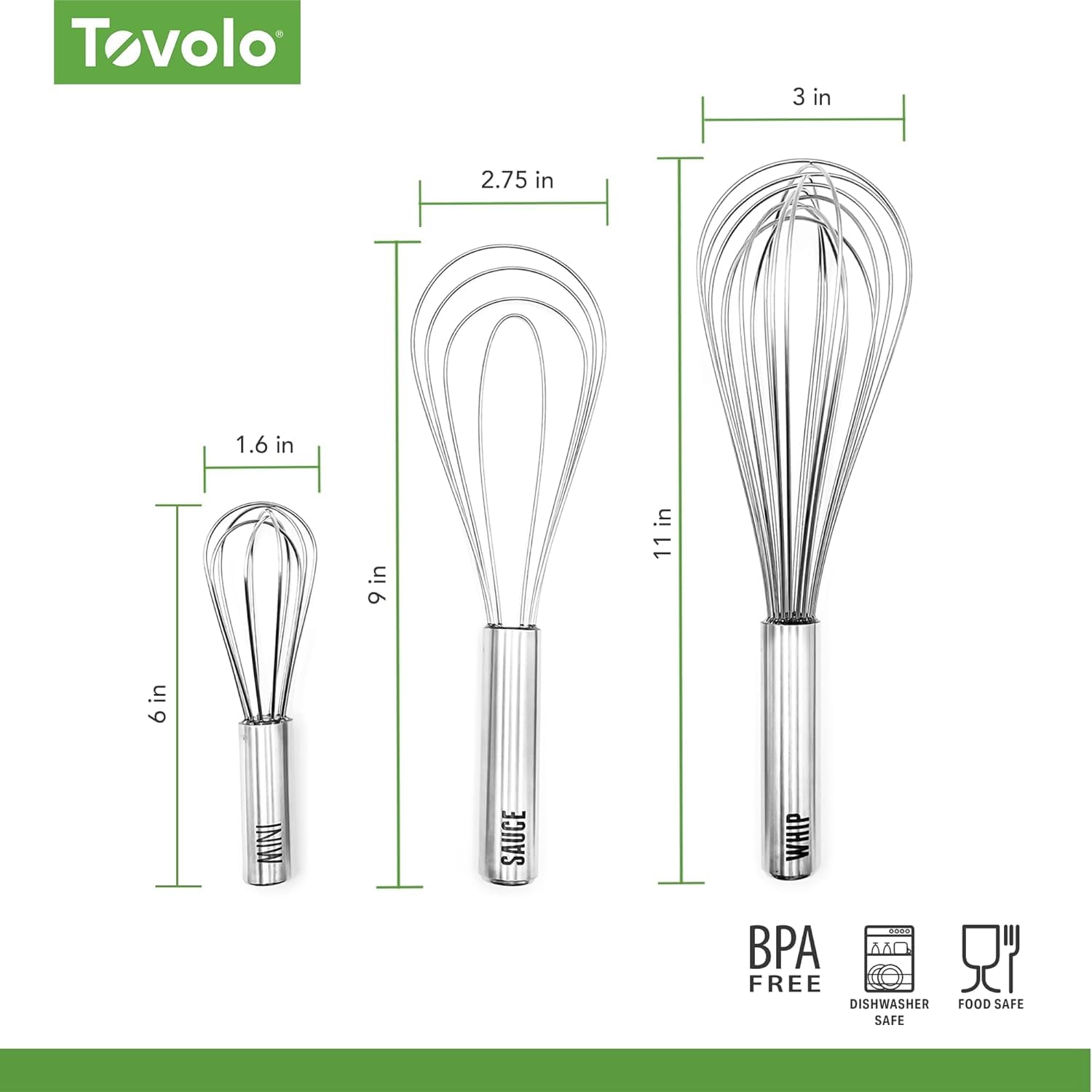 Tovolo Mini batidor de acero inoxidable de 6 pulgadas, batidor de 8 pulgadas, batidor de salsa de 10 pulgadas, batidor de 11 pulgadas y batidor de masa de 12 pulgadas, juego de 3