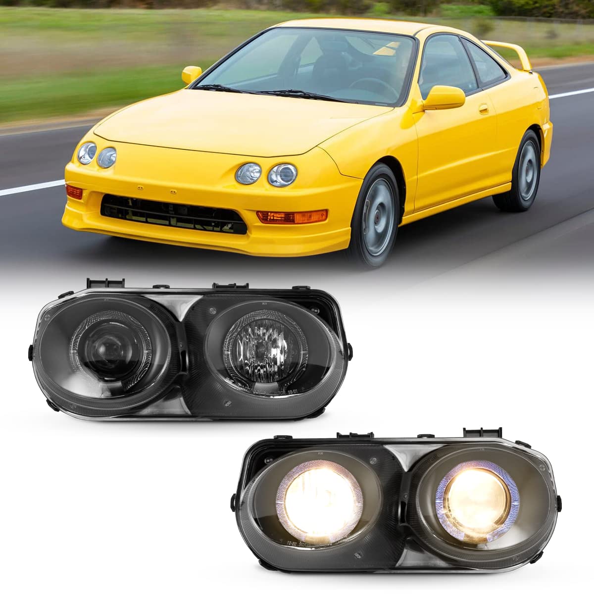 Headlights Assembly Compatible with 1998-2001 Acura Integra Head Lamps Replacement Projector Dual Beam Driver & Passenger Side - Black