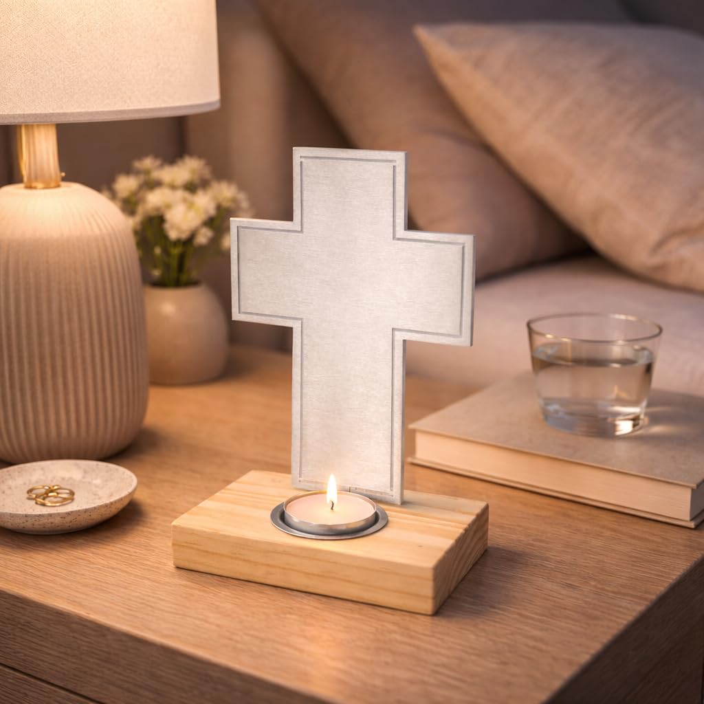 Fritz Cox Stehkreuz mit Teelichthalter - moderne Symbolik und Spiritualität | Edelstahlkreuz und stabiler Holzsockel | z.B. für einen Tisch-/Trauer-Altar zuhause oder Gedenkstätte | 20cm