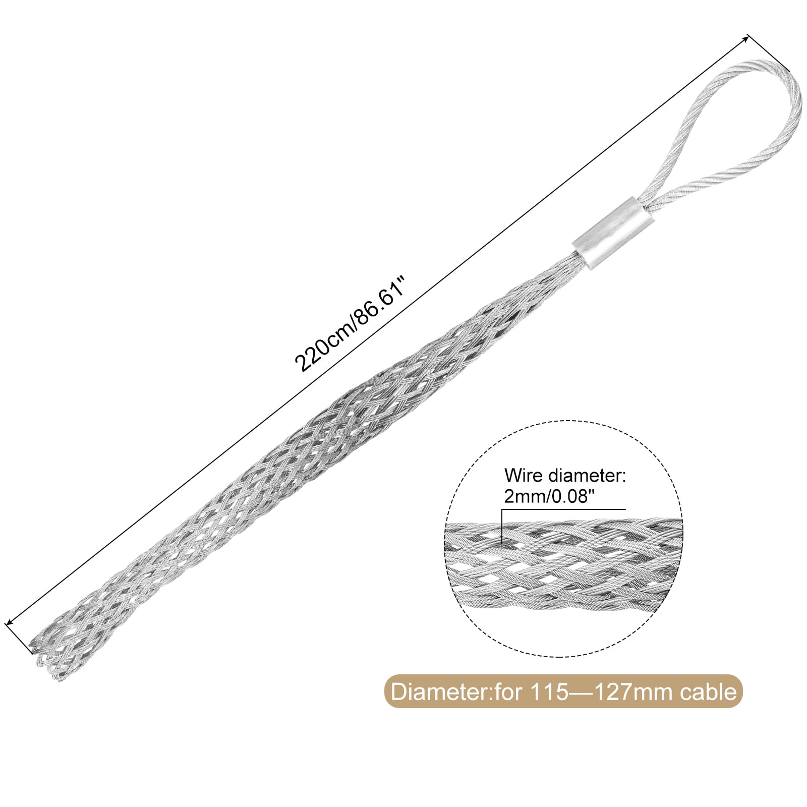 QUARKZMAN Fascetta di Trazione per Cavi 115-127mm Tiracavi Grip Argento | 1 Pezzo, in Rete Metallico, Singolo, Copertura Rete Liscia, Acciaio Zincato, 220cm