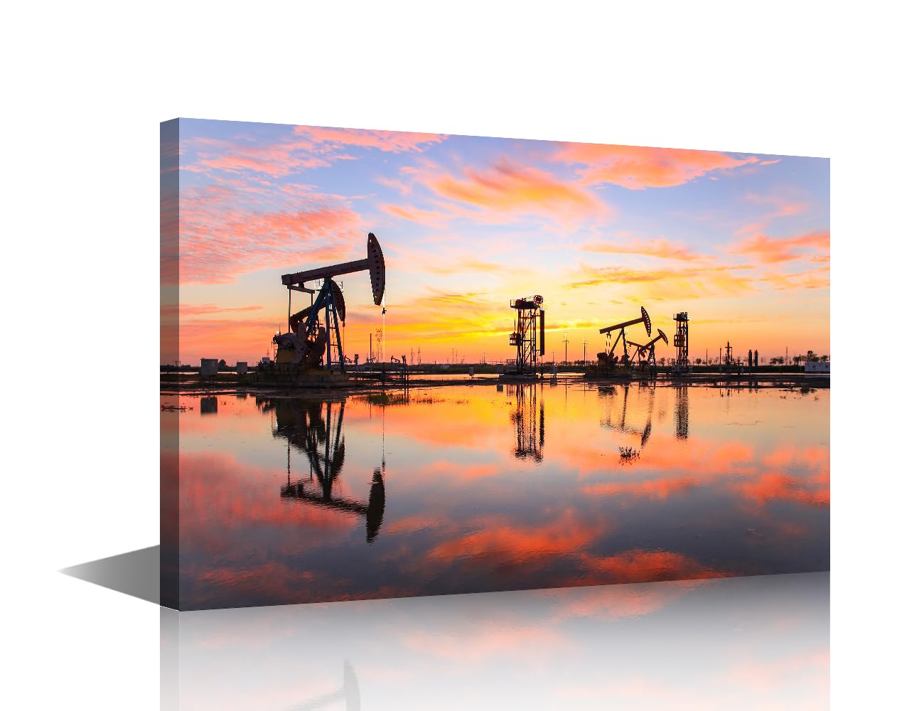 Wall Art Oil Field Site Oil Pumps Are Running The Oil Pump and the Beautiful Sunset Reflected in the Water Pictures Print on Canvas for Home Office Wall Decoration Ready to Hang 18x12 in