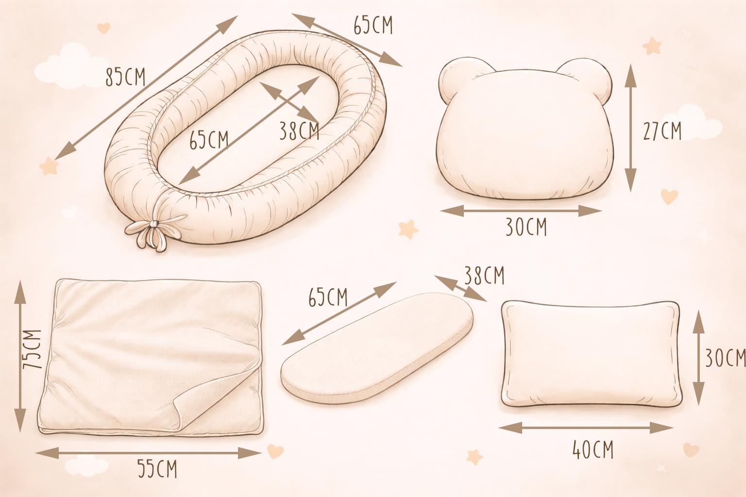 Babynestchen Neugeborene – 5-teiliges Baby Set mit Babynest aus Waffelpique Baumwolle – Nestchen Baby für Babybett & Kinderbett – Babykokon Tragbar – OEKO-TEX zertifiziert – Zubehör Babybett - Grau