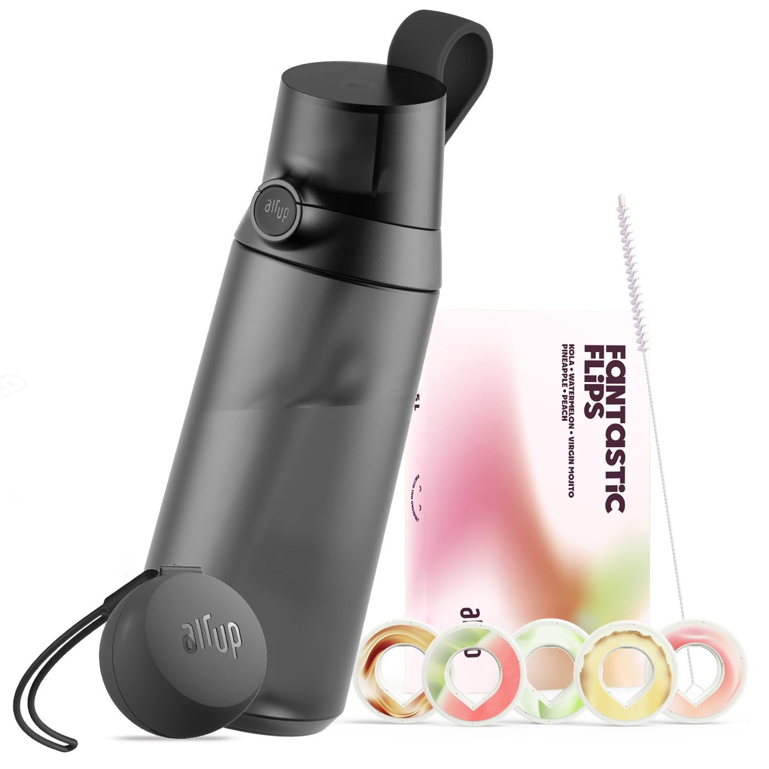 air up Click Midnight Black butelka do picia 600 ml - zestaw startowy z 5 kapsułkami, szczotką do słomki i etui Twogo czarny, bez cukru, bez BPA
