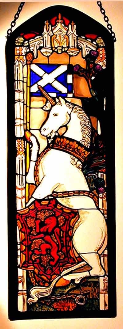 Decorative Hand Printed Stained Glass Window Rectangular Panel in an Edinburgh Unicorn Design.