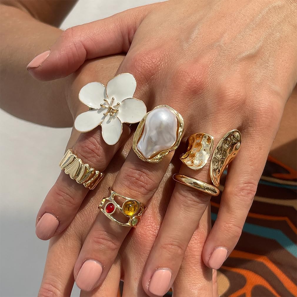 Chunky Gold Flower Knuckle Rings Set for Women Dainty Enamel Stackable White Floral Statement Open Ring Trendy Petal Finger Formal Stack Jewelry Gifts - Image 2