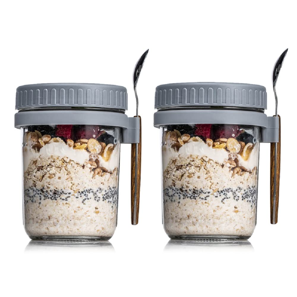 O9 O-NINEOvernight Oats Container with Lid and Spoon,Overnight Oats Jars ，12 oz/350ml Cereal ，Milk ， Vegetable and fruit Salad Storage Container with Measurement Marks (grey2)