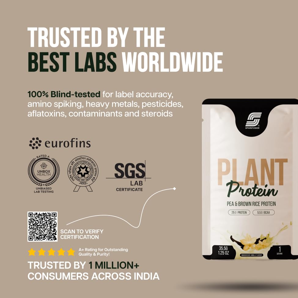 Image of SparkFusion Plant Protein Powder | Pea & Brown Rice Protein | 25g Protein per Sachet | 5.5g BCAA | Vegan, Gluten Free, Sugar Free | Madagascar Vanilla Flavour | Pack of 10 Sachets