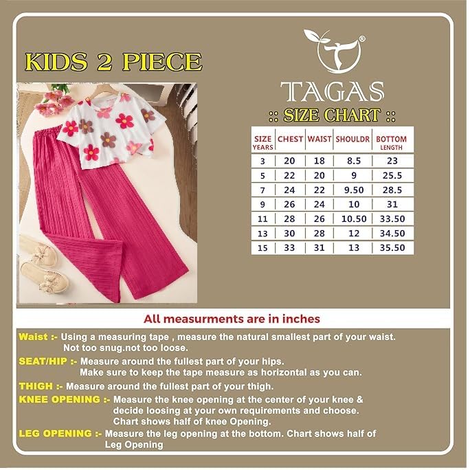 Image of TAGAS Girls Floral Printed Co-Ord Set | Half Sleeve Crop Top & Ribbed Wide Leg Palazzo Pants | Stylish Summer Outfit | Casual Wear top and pant |Set for Kids Girls