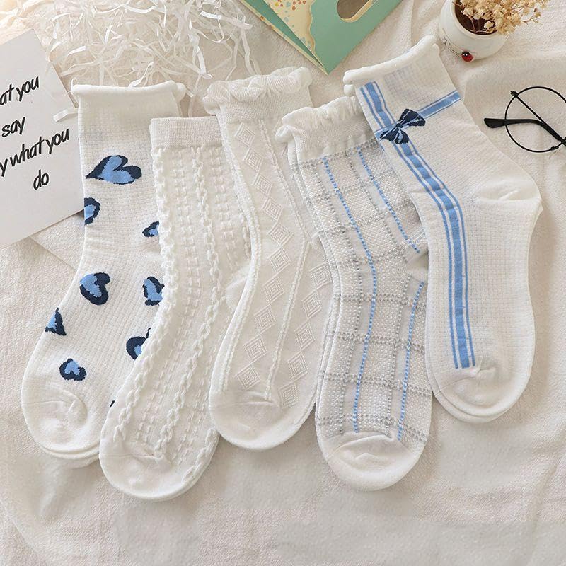 Image of 10 Pairs coquette socks Cute Floral Flower bow Socks Cottagecore Frilly Fancy aesthetic socksLace Ruffles Socks for Women (US, Alpha, One Size, Regular, Regular, Blue)