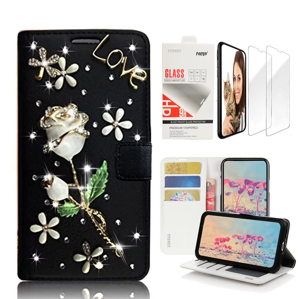 STENES Bling Wallet Phone Case Compatible with Moto G Stylus - Stylish - 3D Handmade Pretty Rose Flowers Floral Leather Cover with Screen Protector [2 Pack] - Black