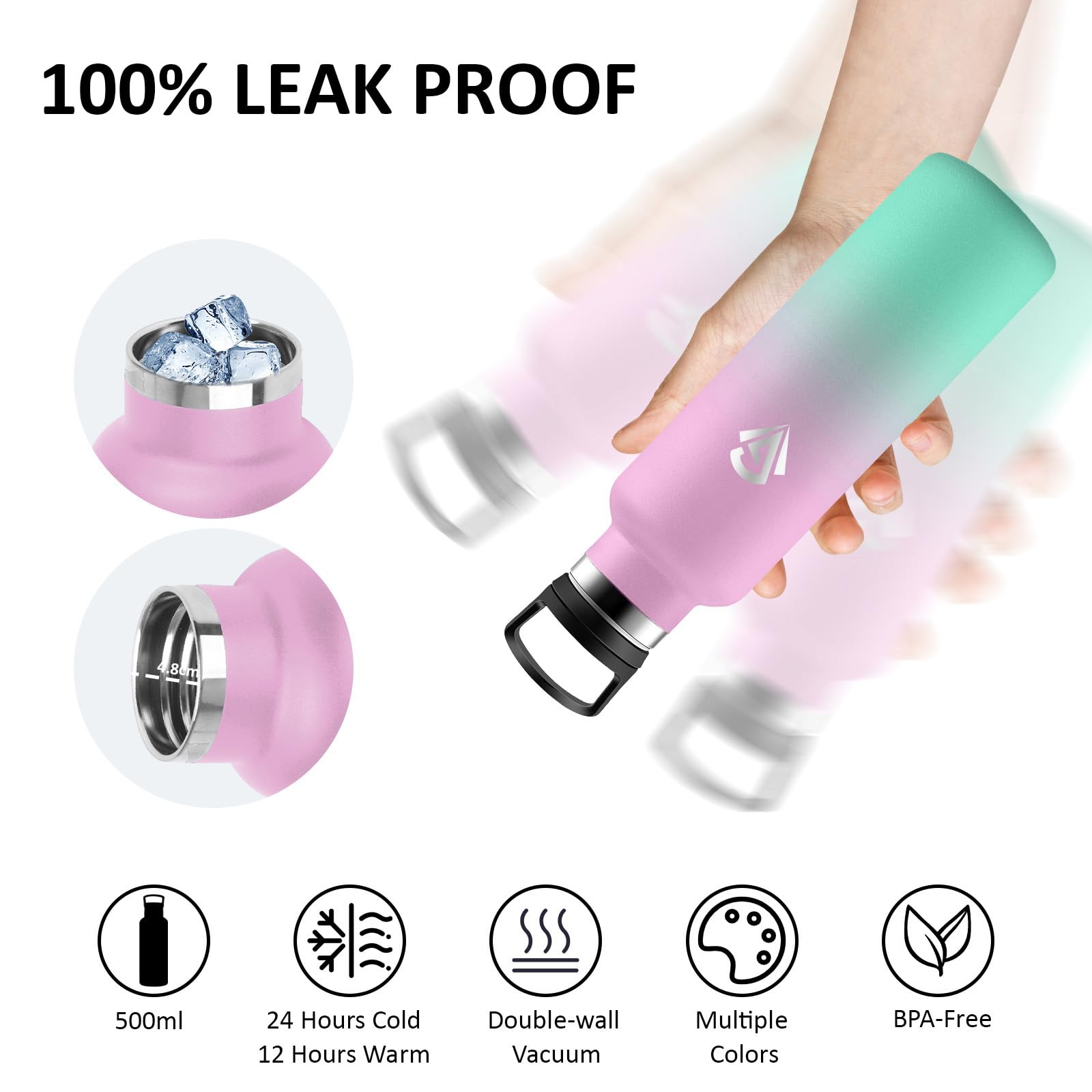 Borraccia Termica 500ml, Borraccia, Senza BPA, Borracia con Cannuccia, Senza Perdite, Bottiglia Termica, Mantiene Caldo per 12 Ore/Freddo 24 Ore, Termos per Campeggio, Palestra, Viaggio