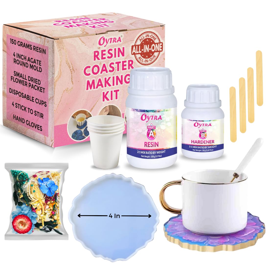 Oytra Resin Art Kit Coaster Set Craft Materials with Silicone Mould Epoxy Liquid DIY Casting Tools for Beginners Perfect Gifts for Artist Professionals (4 Inch Coaster Kit)
