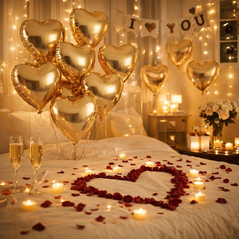 Image of AMFIN (Pack of 5) Champagne Gold Heart Foil Balloons | Metallic Helium Balloons for Birthday, Anniversary, Wedding, Engagement, Valentine & Party Decorations