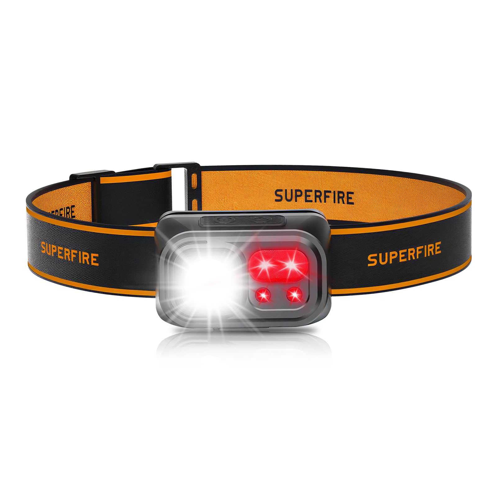 SuperFire Kopflampe Wiederaufladbar, 1000L Superhelle LED Stirnlampe Scheinwerfer mit roten Lichtern, 6 Lichtmodi, IP44 Wasserdicht, 30 Stunden Laufzeit für Stromausfälle, Notfall, Laufen, Wandern usw