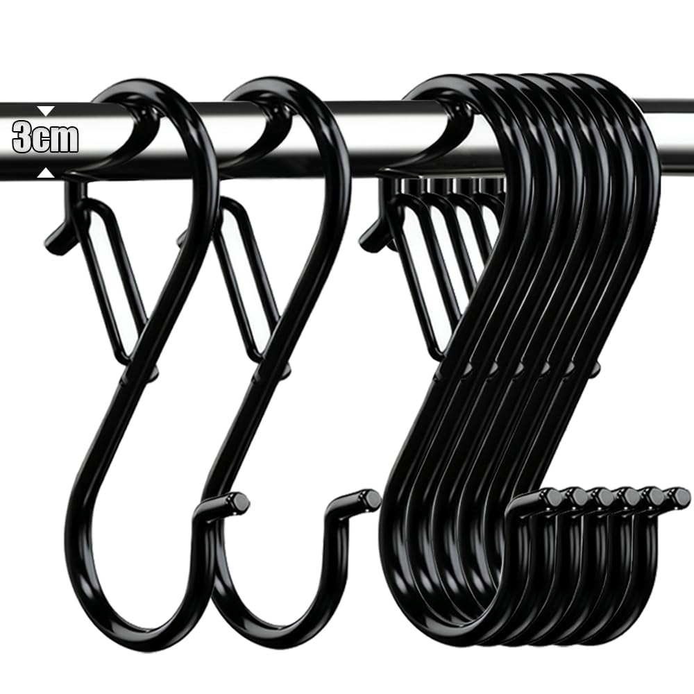 8 PCS S Hooks for Hanging Heavy Duty Large S Shaped Hooks Stainless Steel Metal Hanging Hook Black Utensil Hook with Safety Buckle for Kitchen Bathroom Garden Plants Closet Rod Lights Storage
