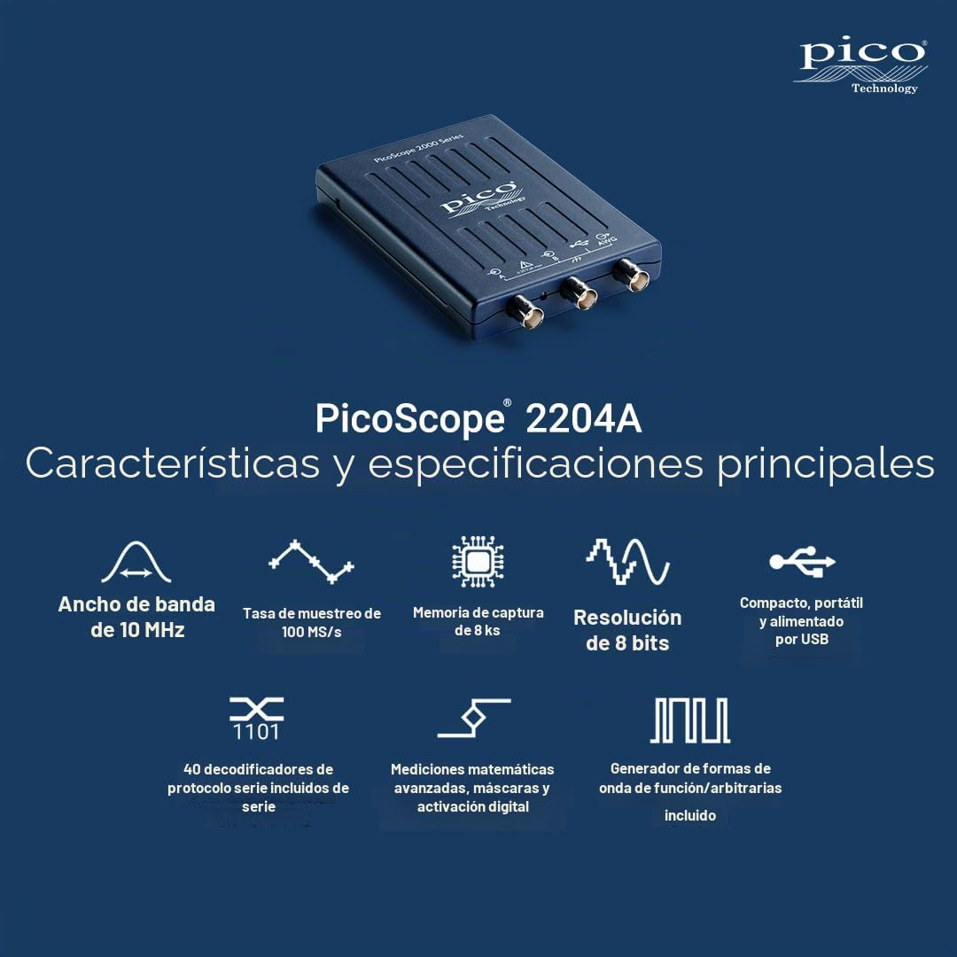 Pico Technology PicoScope 2204A-D2 Osciloscopio USB Digital 2 en 1 Portatil PC 2 canales, 10 MHz sin sondas y PS7 Software