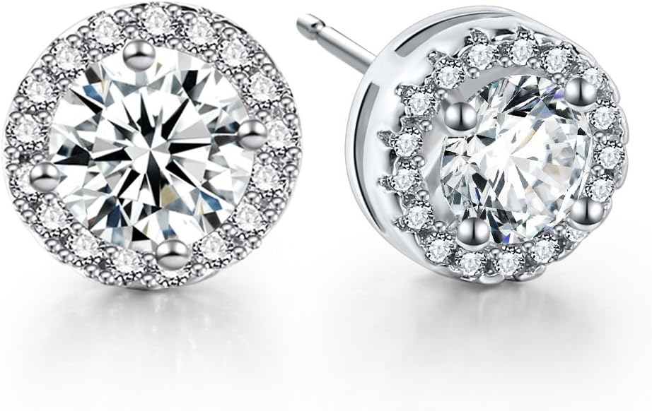 Platinum And Rose Gold Plated Sparkling Round Cubic Zirconia CZ 10mm Halo Stud Earrings With Silver Post.
