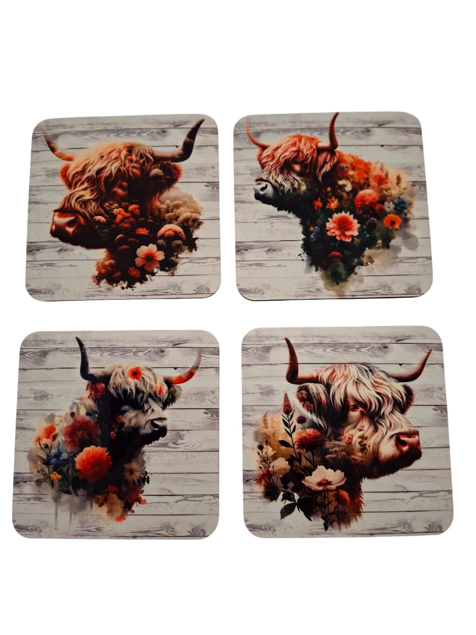 Set of 4 Highland Cow Square MDF Coaster - Set-101