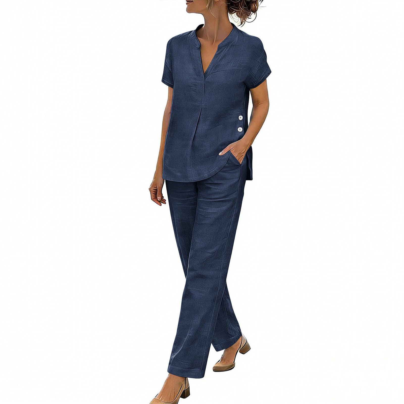 Damen Leinen Hosenanzug Sommer Atmungsaktive Leinen Bluse und Lange Weite Hose, Linen Set Hausanzug Kuschelig 2 Teiler Einfarbig Sport Outfit Lounge Set Hosenanzug Elegant 2 Teilig Große Größen