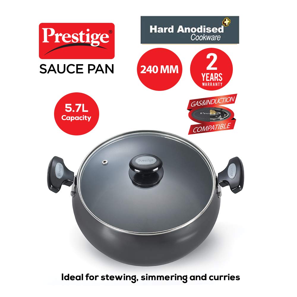 Prestige Hard Anodized Cookware Lifetime Induction Base Sauce Pan, 24Cm, Black, Aluminium Non-Stick, 5.7 Litre