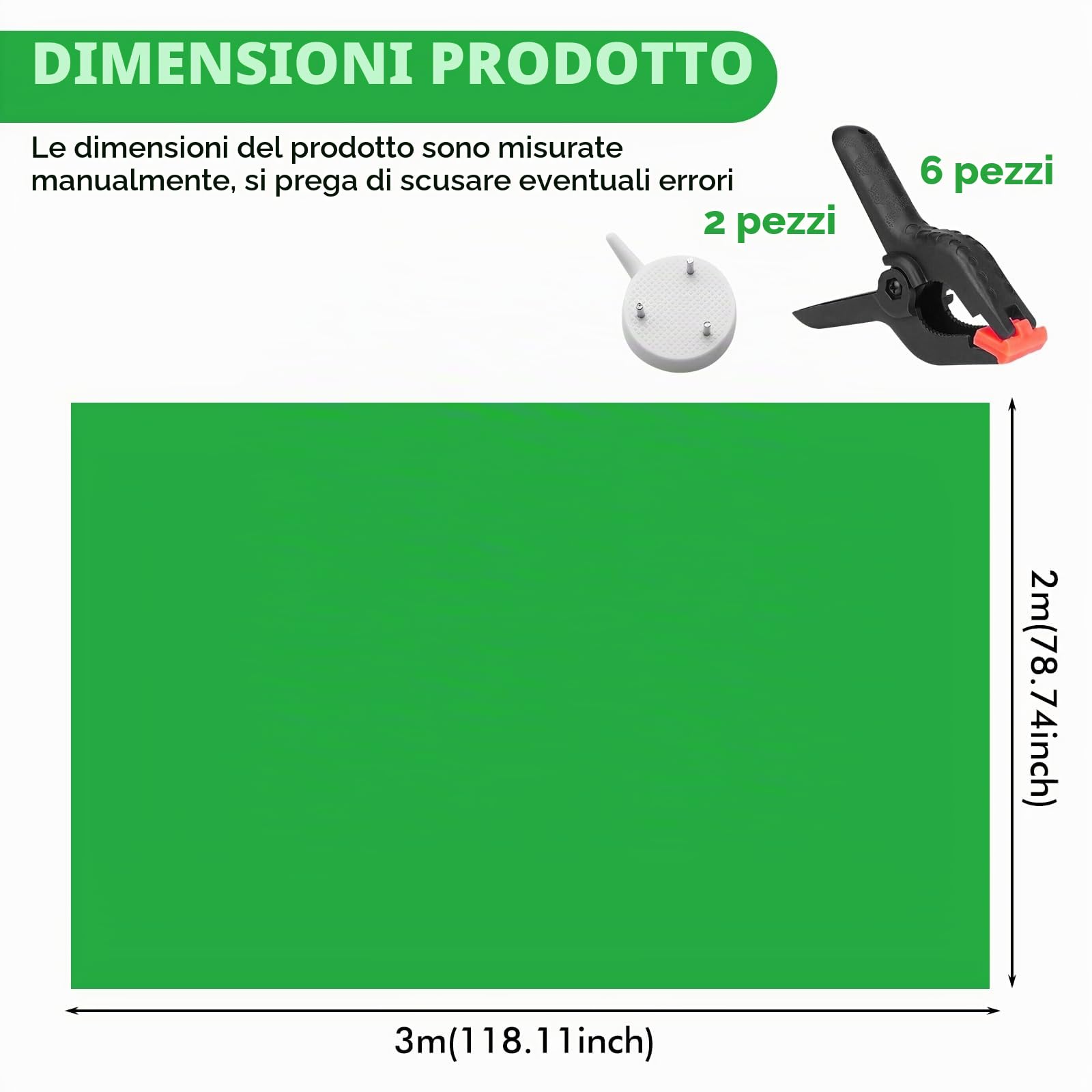 Green Screen Background 200 x 300 cm - Sfondo fotografico a schermo verde, lavabile con 6 morsetti, per foto e video