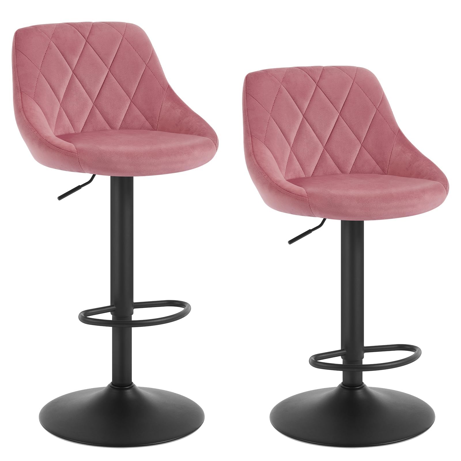 WOLTU Bar Stools Set of 2, Breakfast Bar Chairs Swivel Dining Stools, Height Adjustable Kitchen Island Barstools, Pink Velvet Upholstery, Metal Footrest & Base