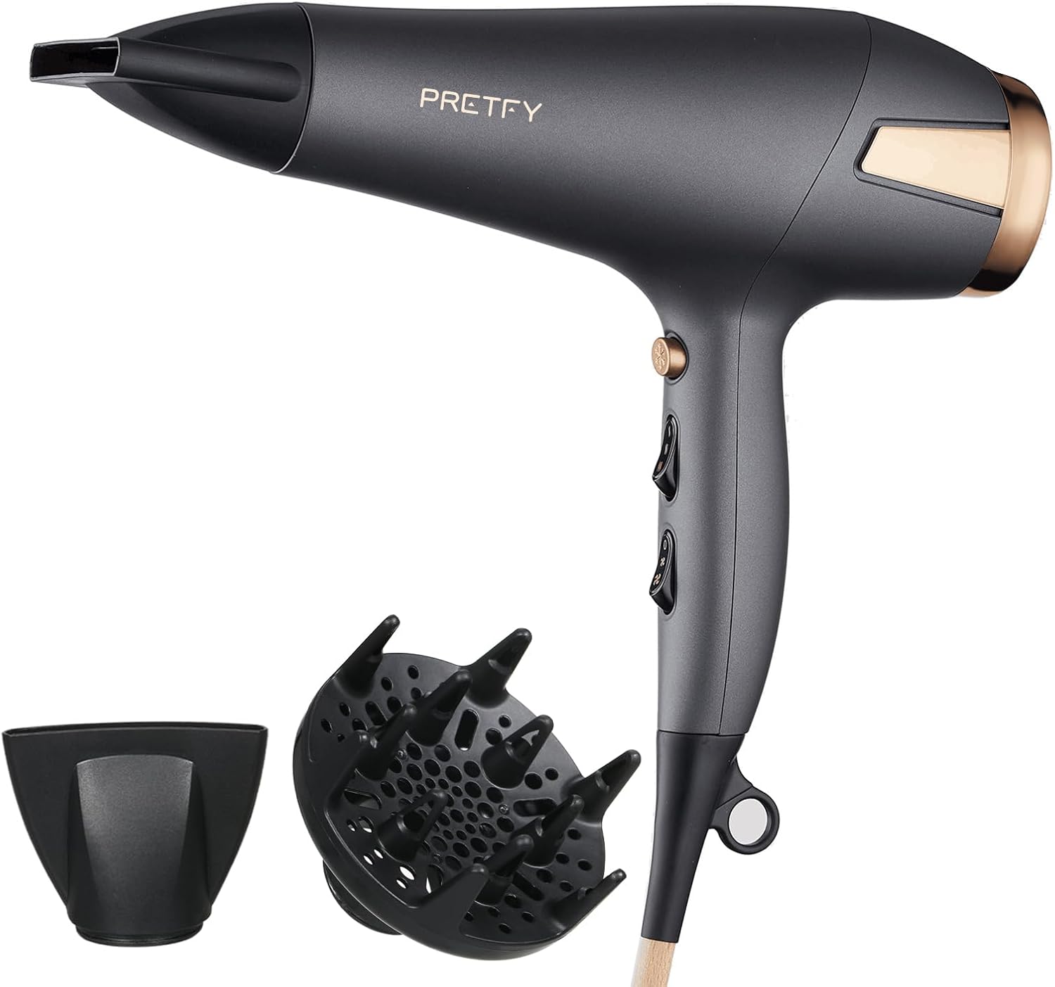 Pretfy Föhn met diffuser, professionele 2500W haardrogers sterke sneldrogende luchtstroom haarverzorging negatief ionisch, föhn 2 snelheden 3 warmte-instellingen, koele knop met diffuser en