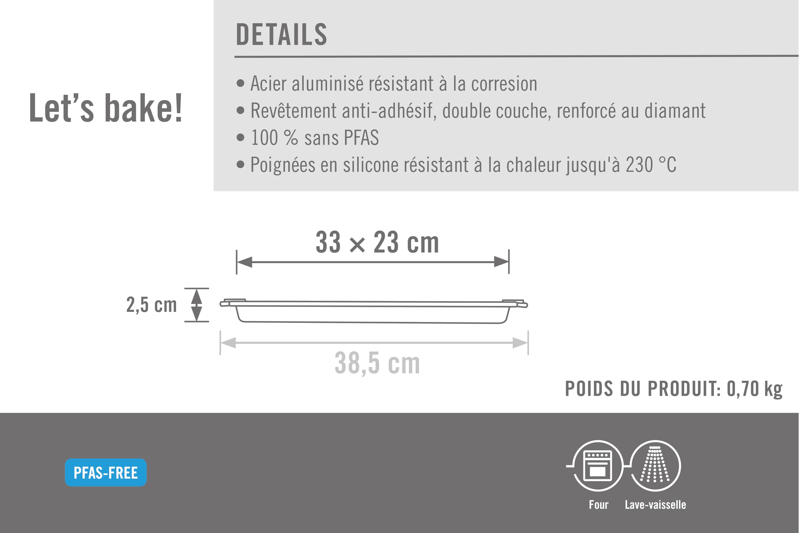 Woll – Bakeware plaque de cuisson 33 × 23 cm – antiadhésive, acier aluminisé, poignées en silicone – sans PFAS – résiste jusqu’à 230 °C – noir