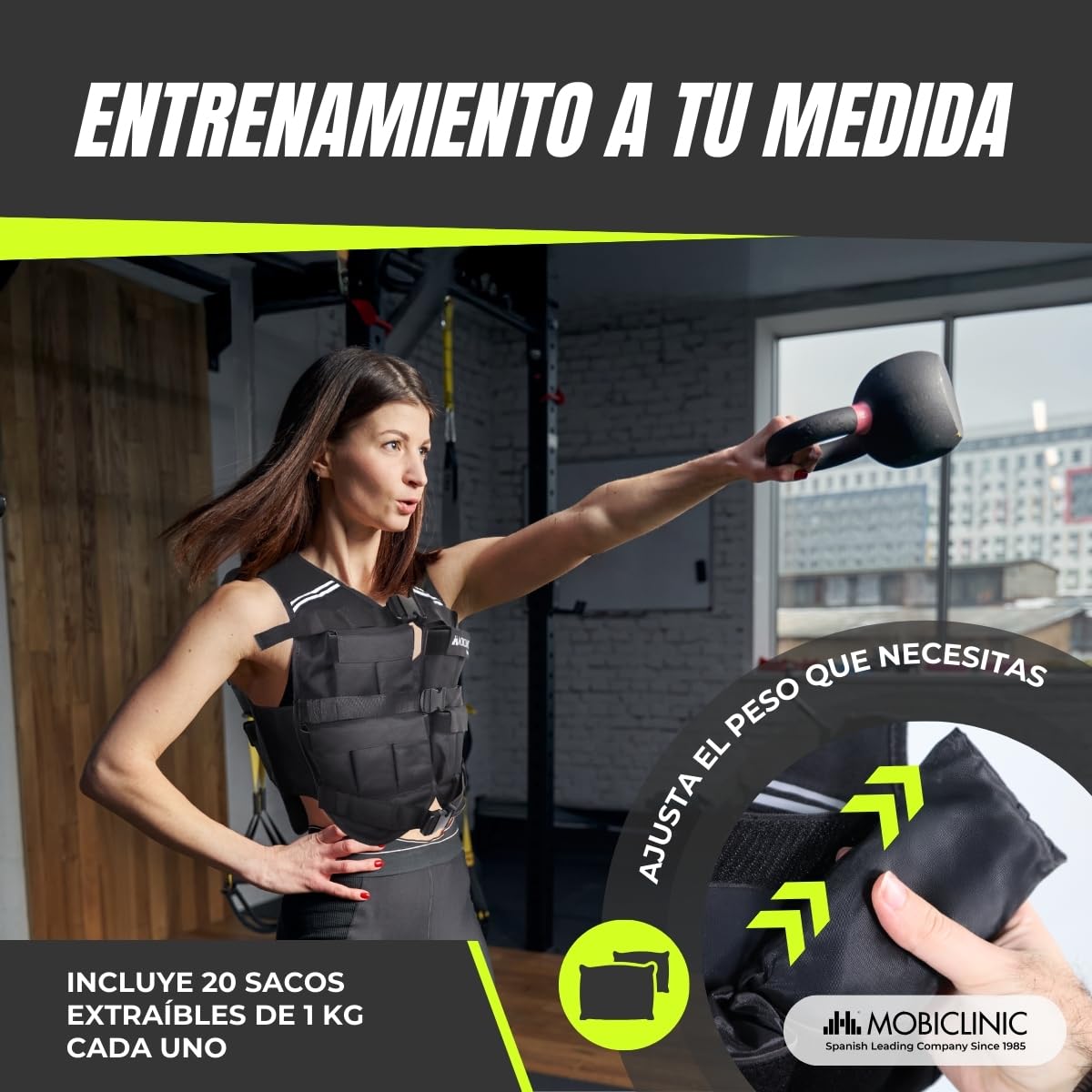 Mobiclinic®, Chaleco Lastrado, 10/20kg, Chaleco de Peso, Ajustable, Resistente, Tela Oxford 600D, Peso Incluido, Bandas Reflectantes, Transpirable, Chaleco Con Pesas Para Entrenamiento Fitness, Iron