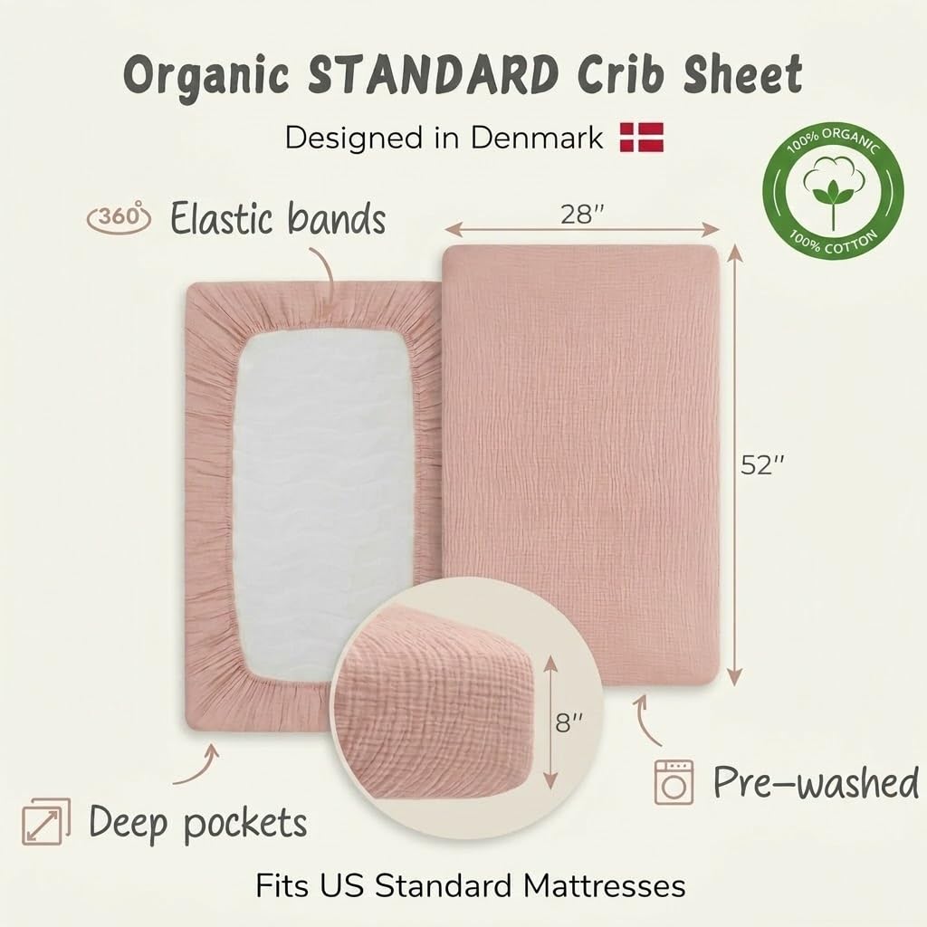 Danimarca - Lenzuola con angoli per culla in mussola super morbida, per ragazzi e ragazze, dimensioni standard per materasso per culla da 71 x 132 cm, 100% cotone biologico per il massimo
