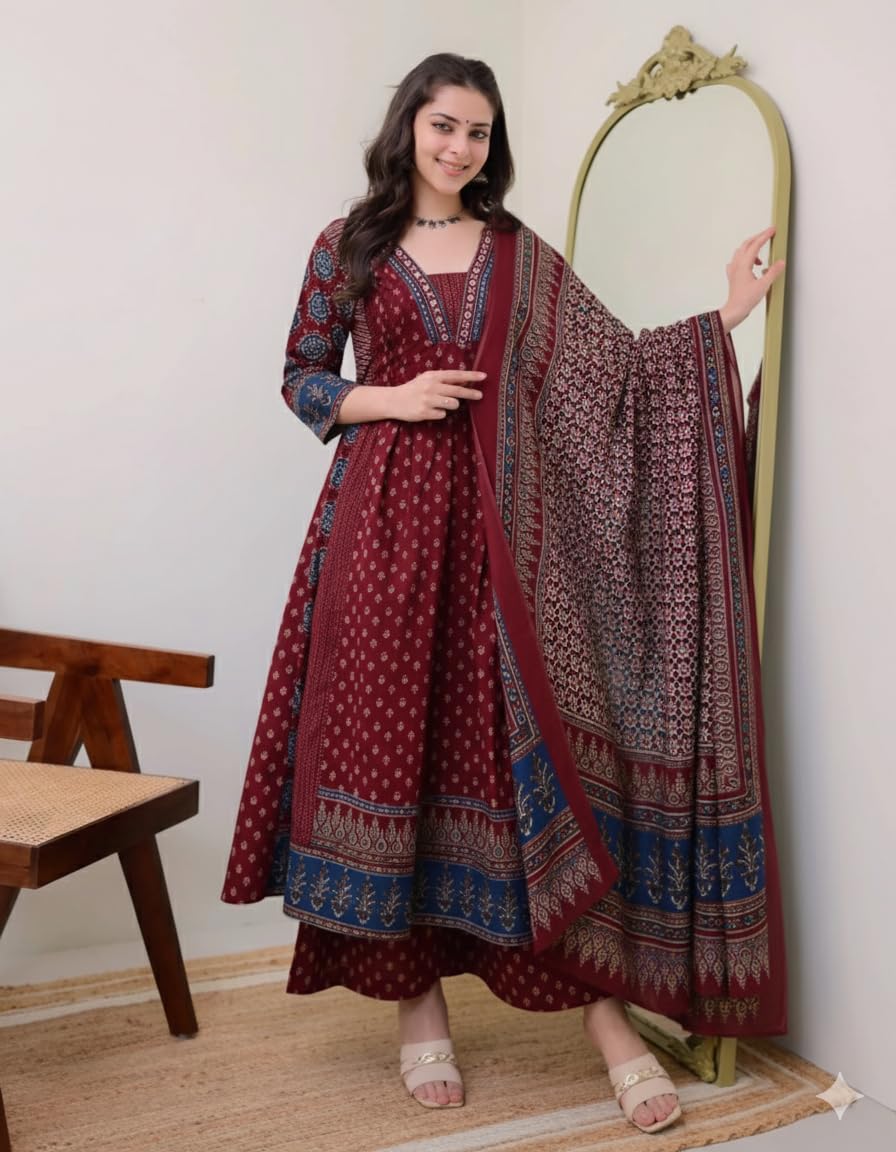 KLOSIA Women Printed Anarkali Kurta and Pant Set with Dupatta Maroon 2
