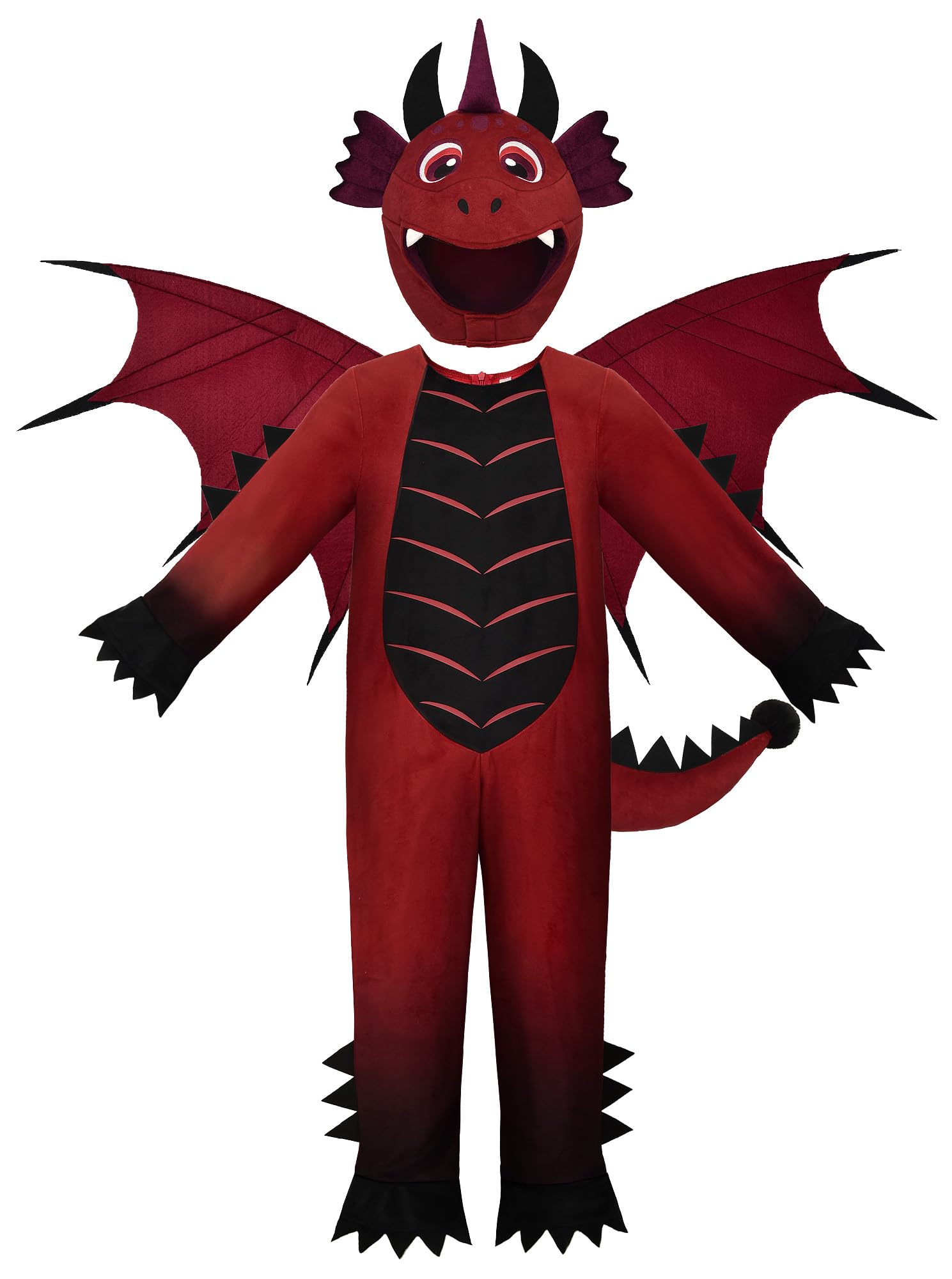 ReliBeauty Costume da Drago Bambini, Tuta Rossa e Nera con Ali e Coda
