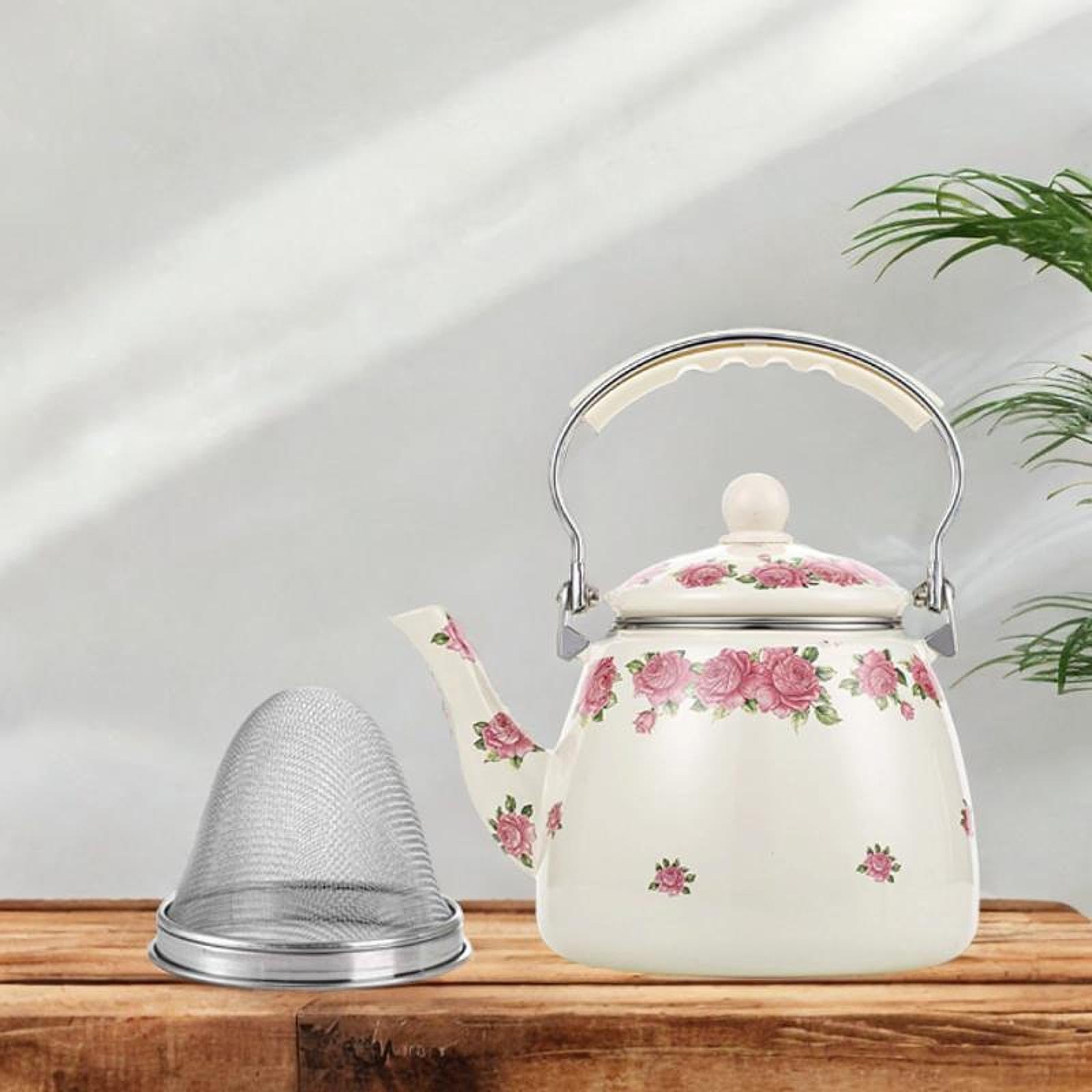 Emaille-Teekessel, Wasserkocher, 3,3 l, robuste Vintage-Blumen-Emaille-Kanne, Kaffeekanne für Zuhause, Restaurant, Kaffee, Tee, heißes Wasser, Rosa