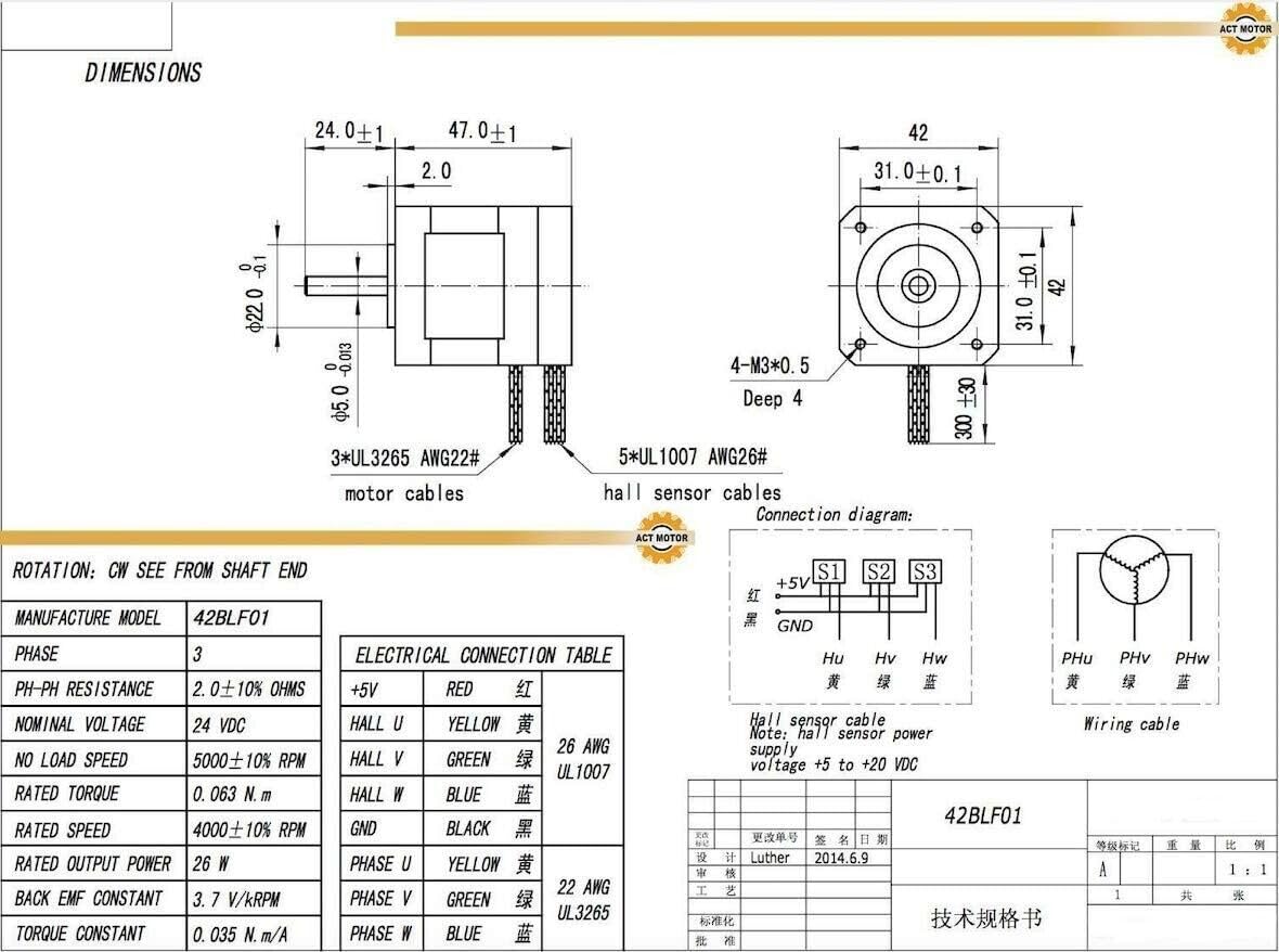 GmbH Nema17 1PC BLDC-Motor 42BLF02 63mm 24VDC 4000RPM 3.4A 52W Ø 5mm +1PC BLDC-8105A-4 Brushless DC-Driver CNC