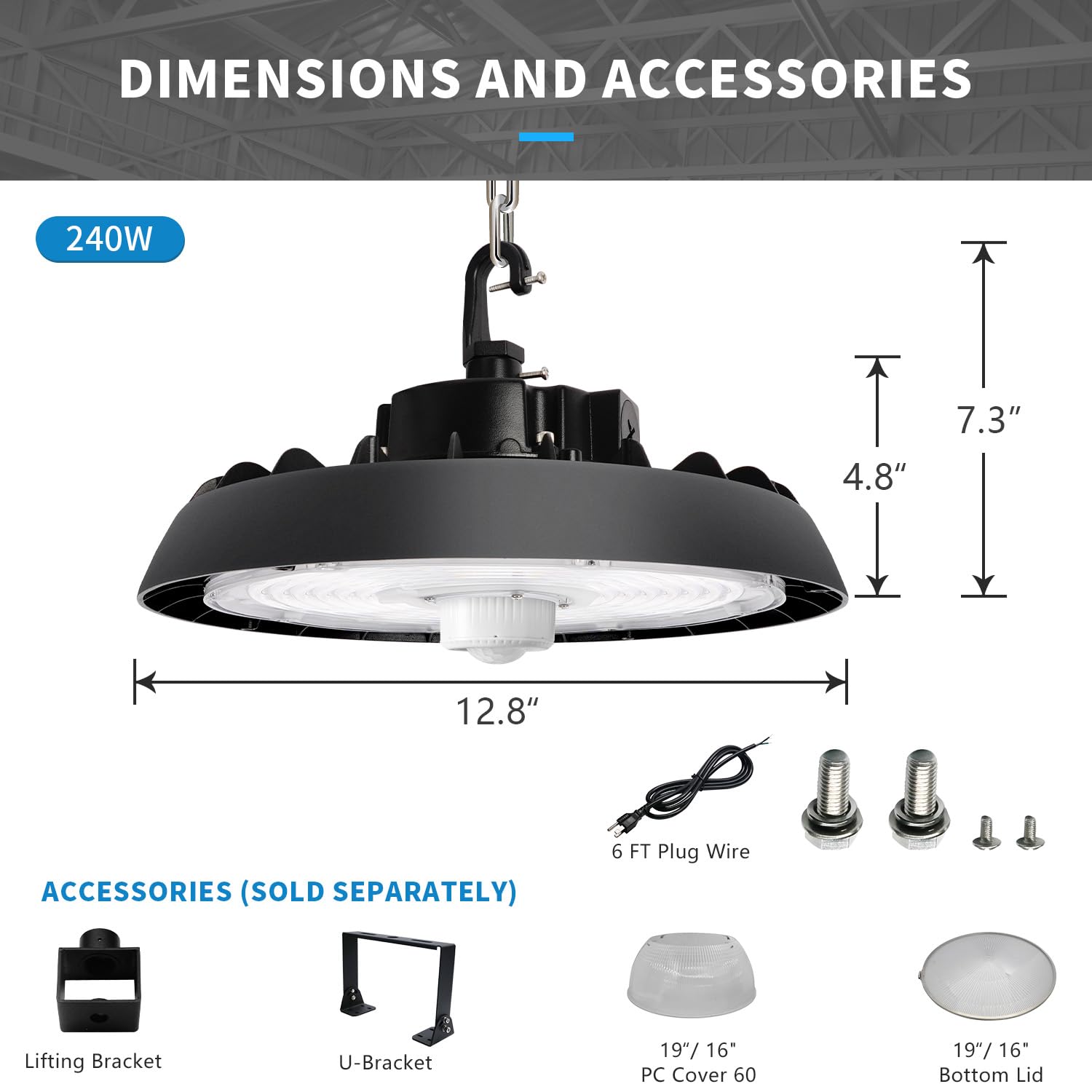 8 Pack UFO LED High Bay Light With Motion Sensor 150 200 240W 21000 28000 33600lm 2CCT 4000K — view 5
