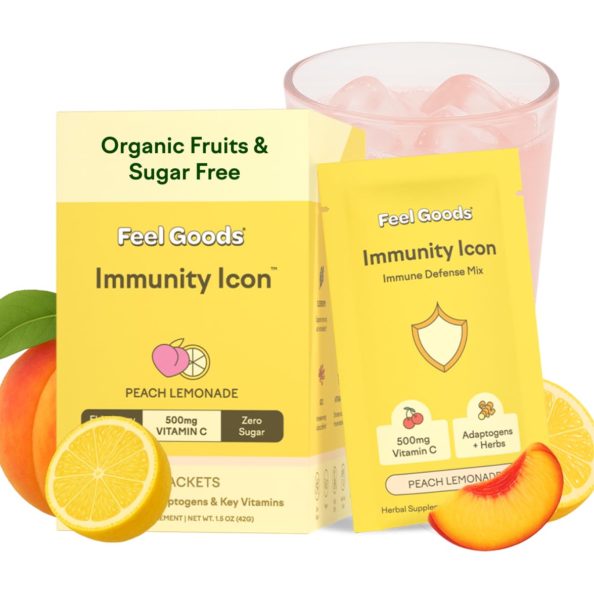 Immunity Icon, Zero Sugar, Vitamin C, A, B, D, E & Zinc, Organic Elderberry, Ashwagandha, Drink Mix Powder, Vegan, Non GMO, Caffeine & Gluten Free | Peach Lemonade, 15 Count