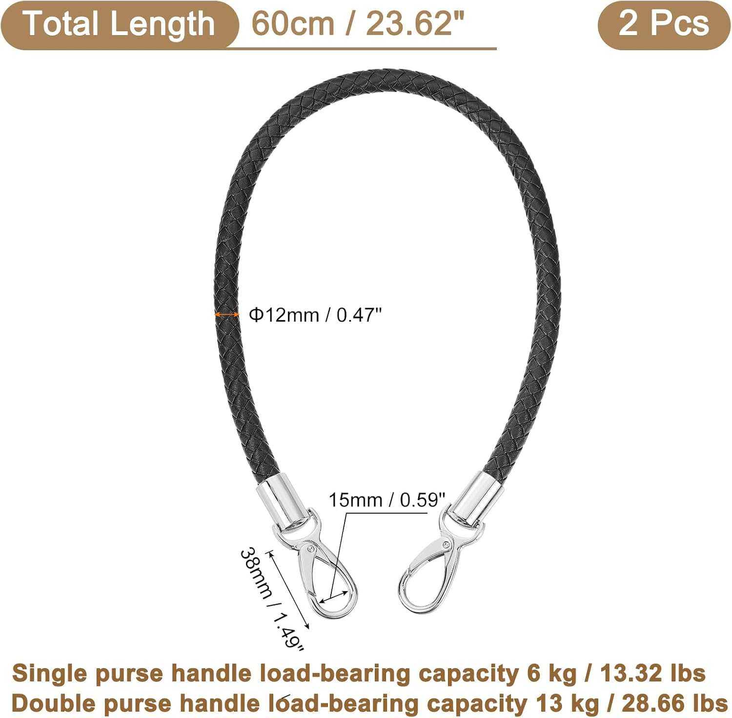 uxcell Leather Purse Strap, 2Pcs 60cm/23.62" Short Leather PU Braided Purse Replacement Handle with Metal Buckles for Underarm Bags, Handbags (Black Strap + Silver Clasp) - Image 2