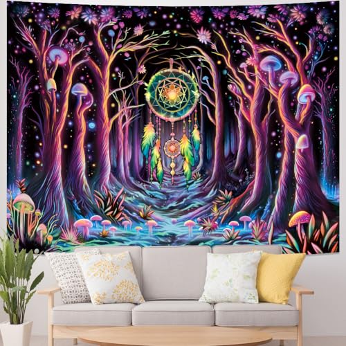 Galoker Blacklight Fantasy Forest Tapestry Neon Mushroom Tapestry Uv Reactive Dreamcatcher Wall Tapestry Galaxy Space Tapestry Wall Hanging For Home Decor thumb #2