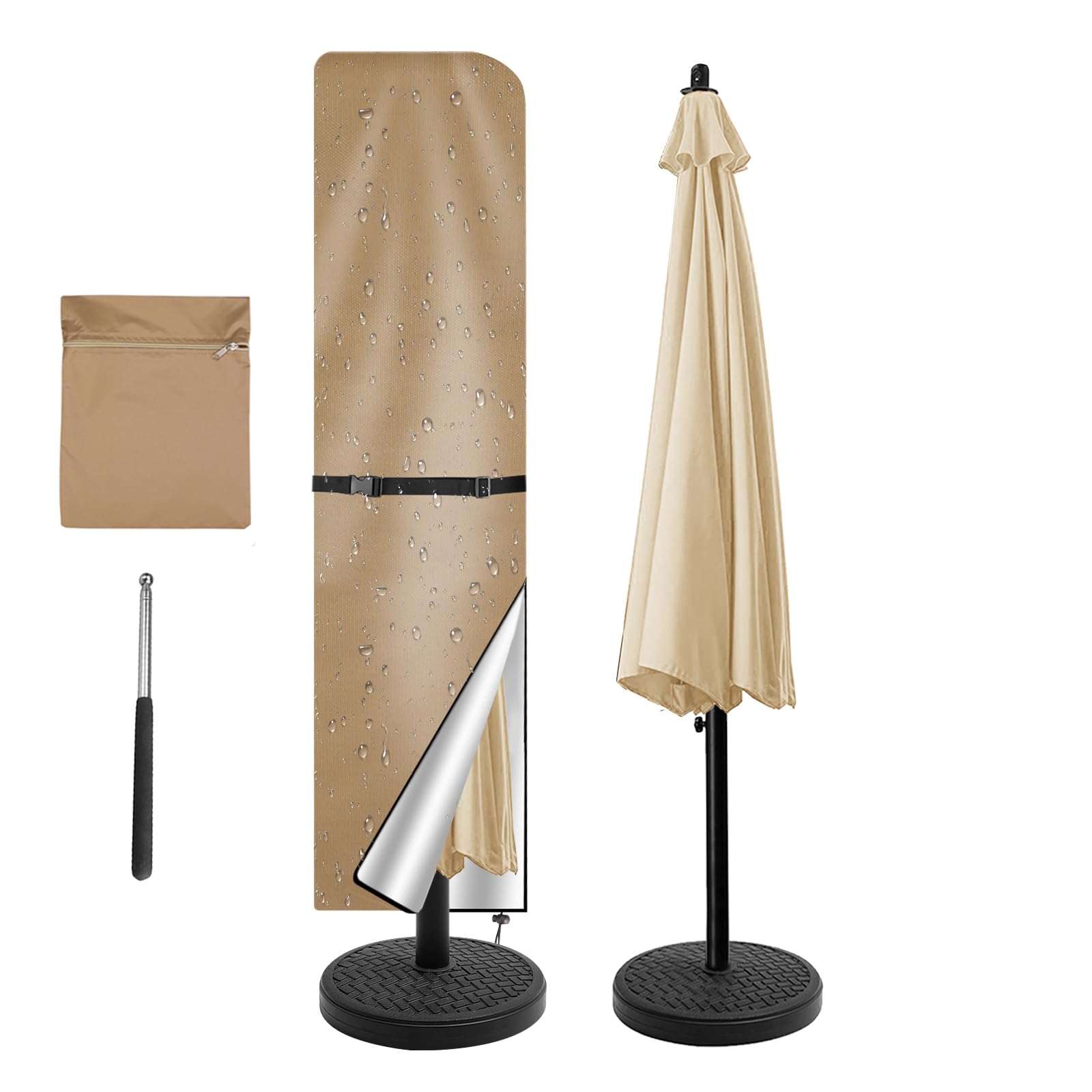 Funda protectora para sombrilla, impermeable, resistente a los rayos UV, resistente al viento, para exteriores y sombrillas de mercado, (240 x 57/57 cm, caqui)
