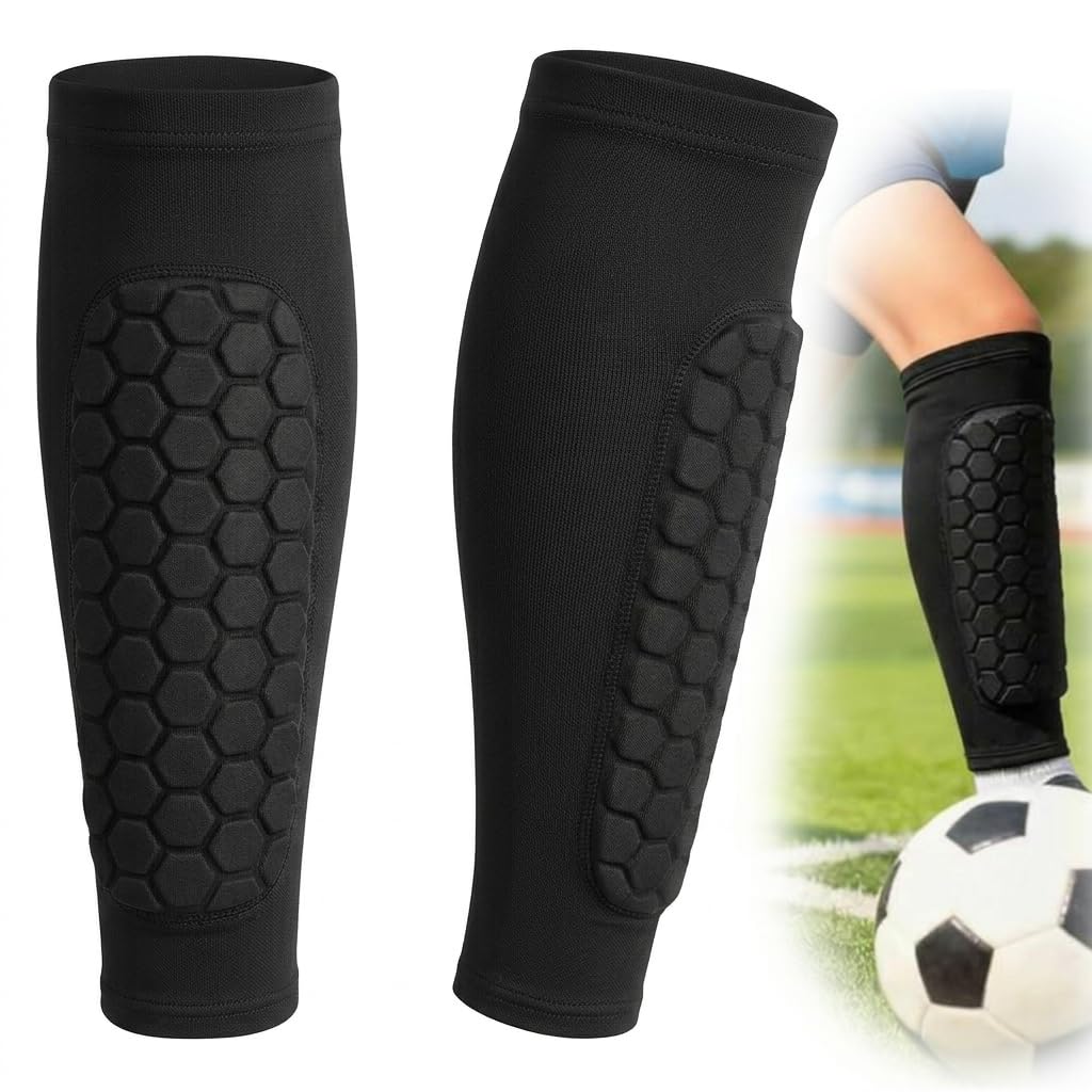 Shin Pads for Football Boys Girls, Honeycomb Compression Shin Guards Sleeves for Superior Impact Absorption, Lightweight Breathable Slip-in Shin Defender, Black Size S