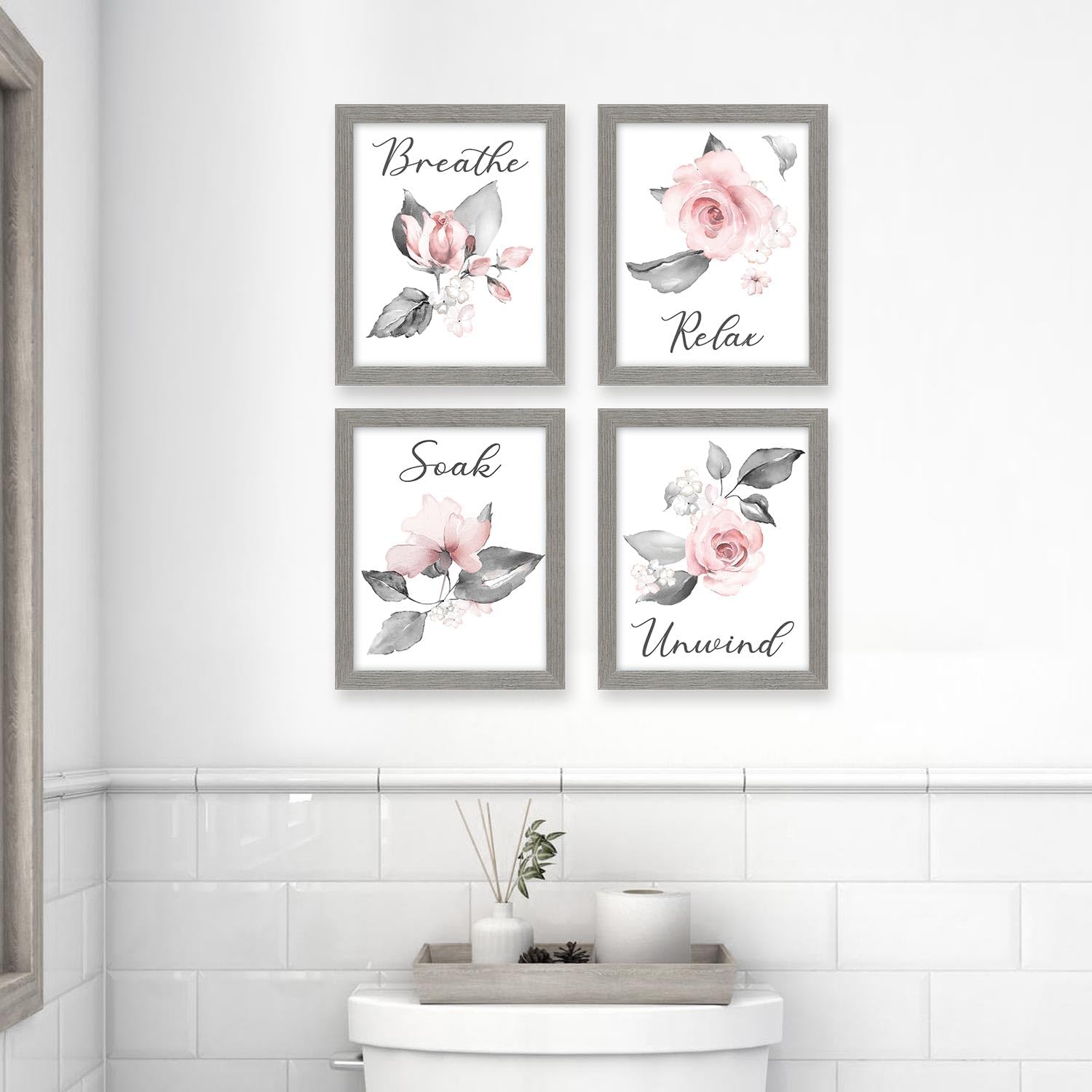 heilkee Pink Flower Wall Art Bathroom Grey Wall Decor Relax Soak Unwind Breathe Wall Pictures Bathroom Signs Set of 4(Gray Framed, 8x10in)