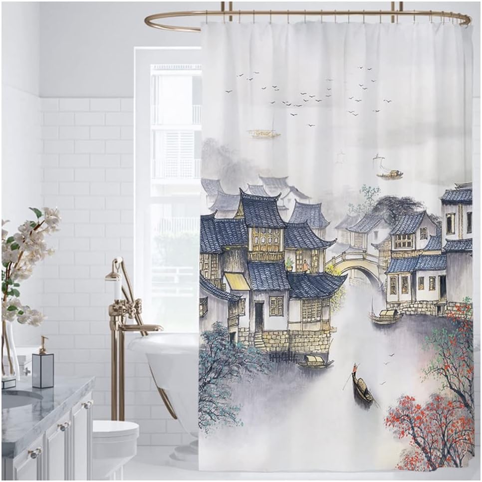 Shower Liner Shower Curtain Shower Curtain Partition Curtain Chinese Style Landscape Painting New Chinese Thick Polyester Bathroom Toilet Shower Curtain Suitable for Bathroom ( Color : A , Size
