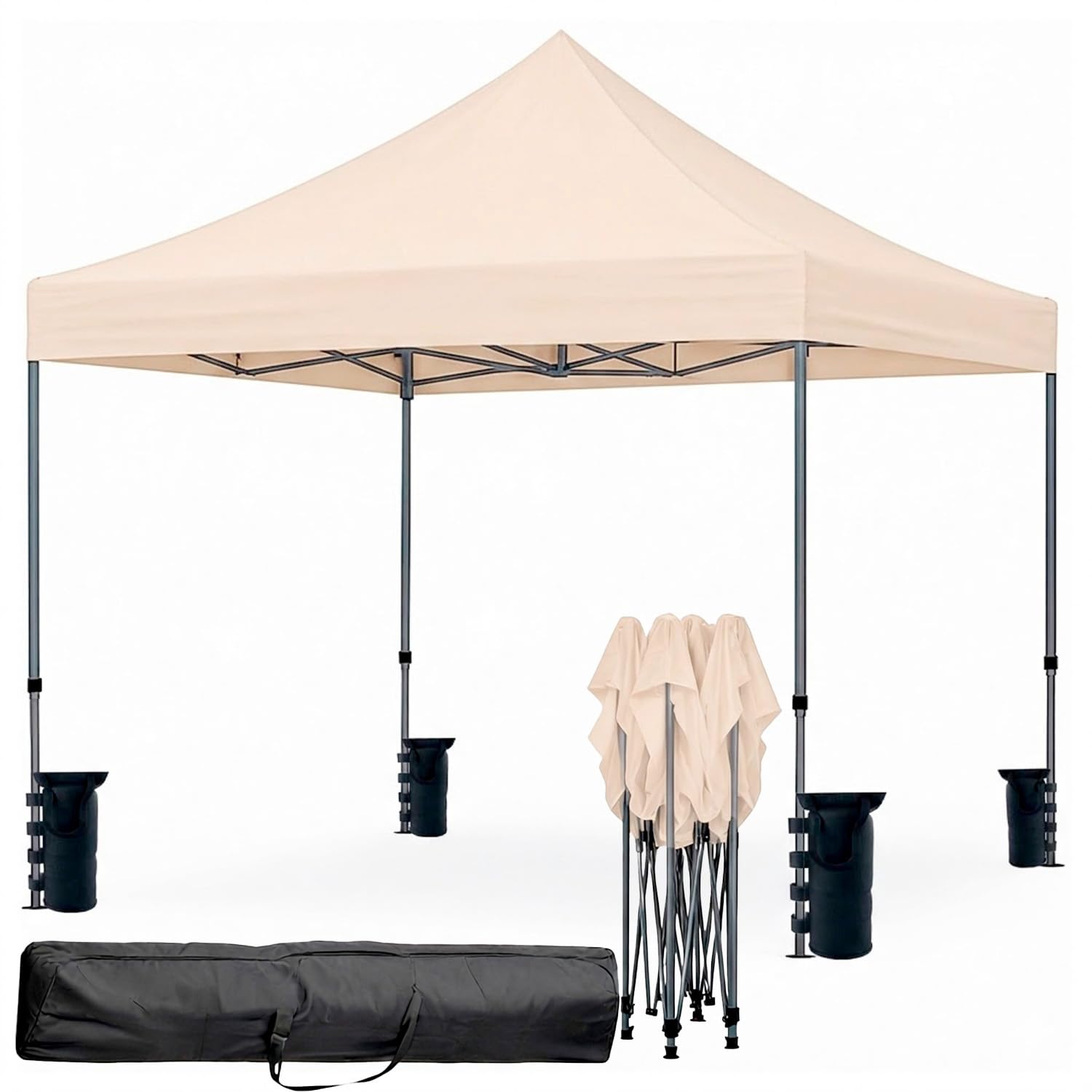 Gazebo Professionale 3x3 M Richiudibile Automatico In Acciaio Con Telo Oxford 1200D PVC Impermeabile e Anti UV Struttura a Fisarmonica con Sacche Zavorra e Borsa Trasporto Sagre Feste Eventi (Beige)
