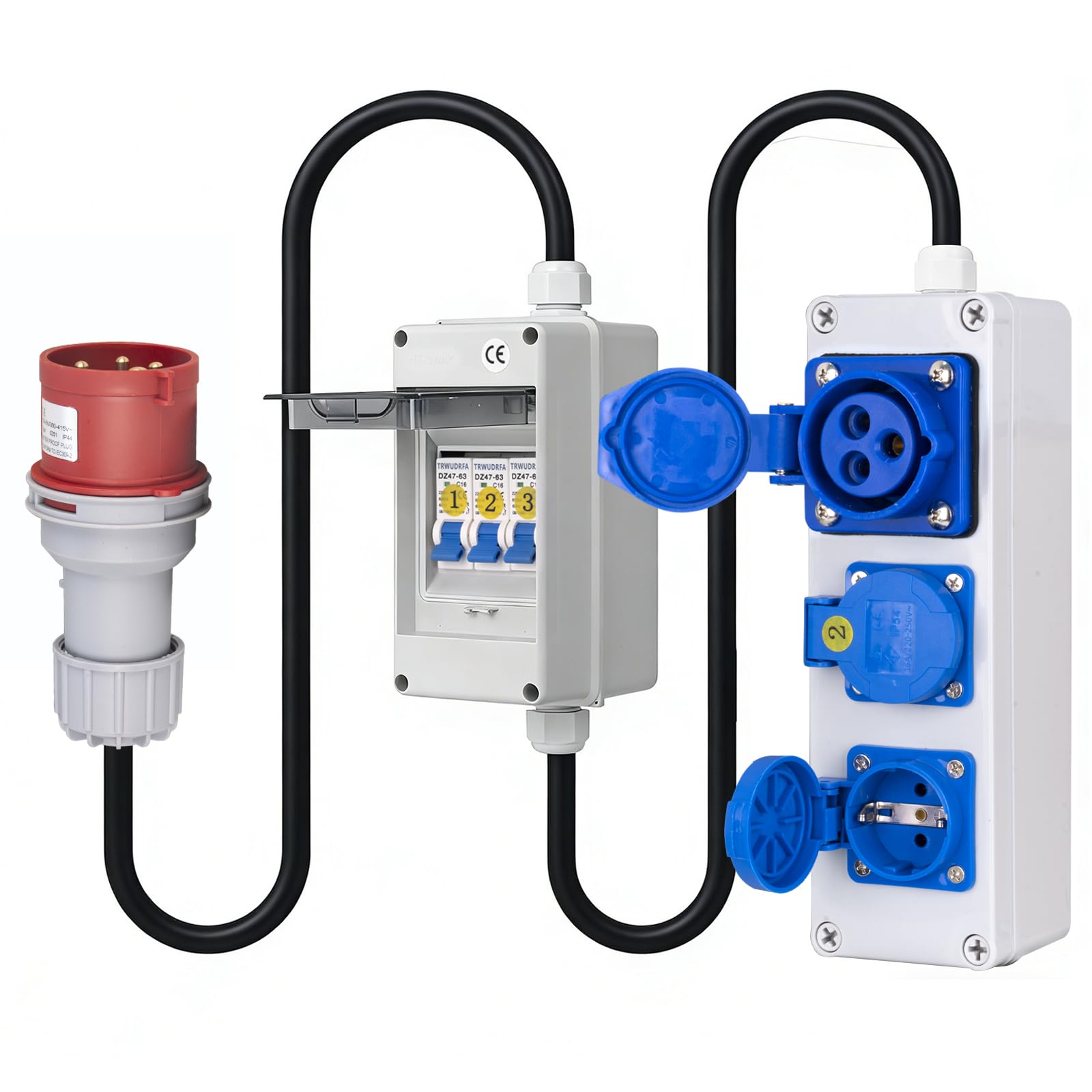 Adapter CEE 380 V na 220 V (32 A na 16 A) – adapter 5-biegunowy 32 A wtyczka CEE do gniazdka 16 A z przełącznikiem LS 3 x 16 A - rozdzielacz IP54 z 2 x 16 A Schuko i 1x3P/16A gniazdo CEE