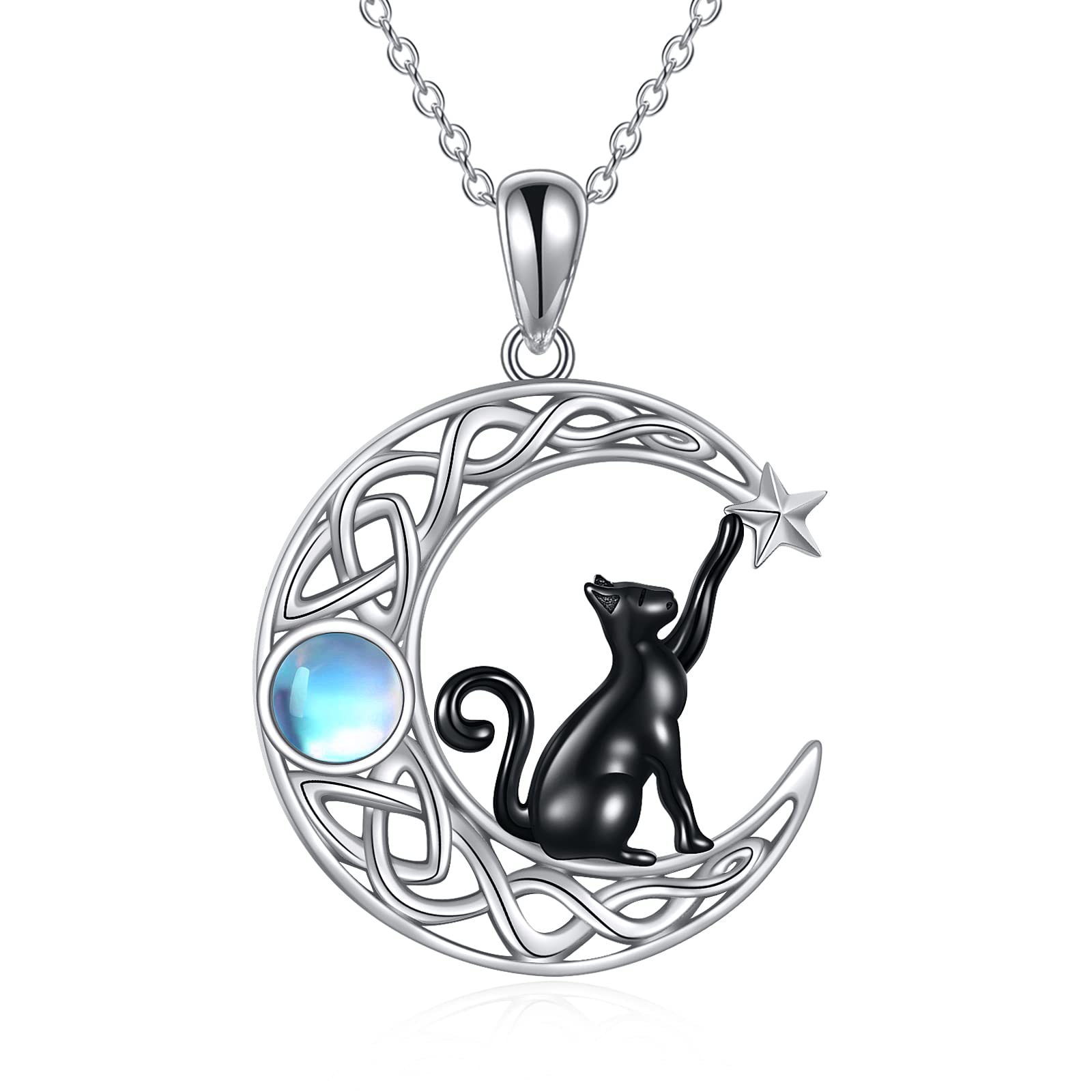 VONALA925 Sterling Silver Black Cat Necklace with Moon Pendant Jewellery Birthday Gifts for Women Teen Girls