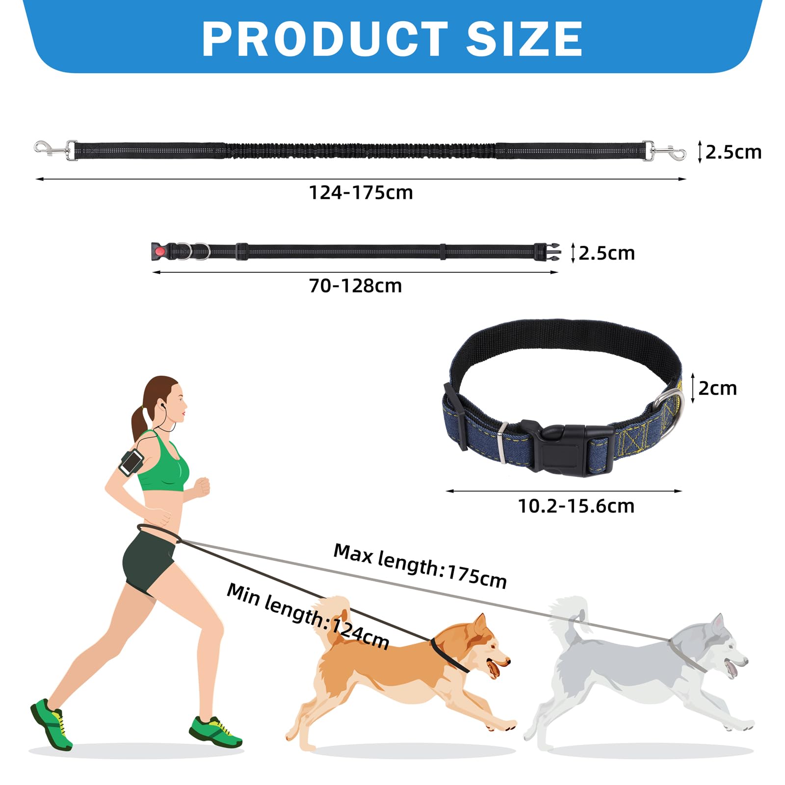 Hands Free Dog Lead with Collar: Bungee Waist Leash,Dog Running Belt,Pet Collar,Adjustable Shock Absorption,For Medium and Large Dogs,Suitable for Walking Hiking - Image 2