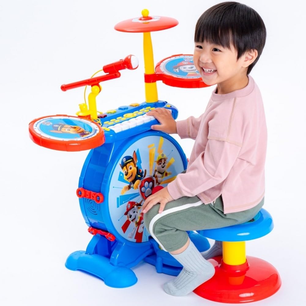 Lexibook K610PA Paw Patrol Chase Elektroniczny Zestaw dla Dzieci, Muzyczna Zabawka, Realistyczny Dźwięk Perkusji, 8-Klawiszowa Klawiatura, Wtyczka Mp3, Siedzisko w Zestawie, Niebieski, Czerwony