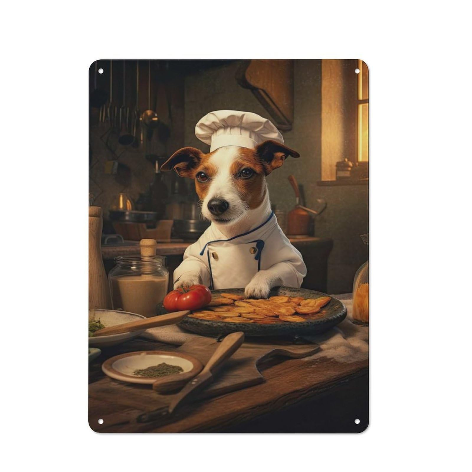 Junmoney Jack Russell Terrier Chef 40X30cm Rustic Tin Sign With For Dining Room Or Kitchen, A Decorative Metal Sign For Kitchens And Dining Spaces